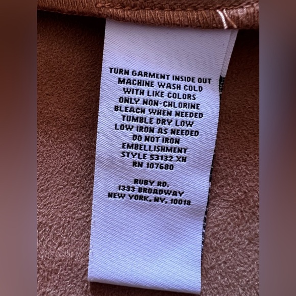 Ruby Rd Suede Fringe Studded tunic Women Brown Faux Open Front Western Regular L - Picture 9 of 16